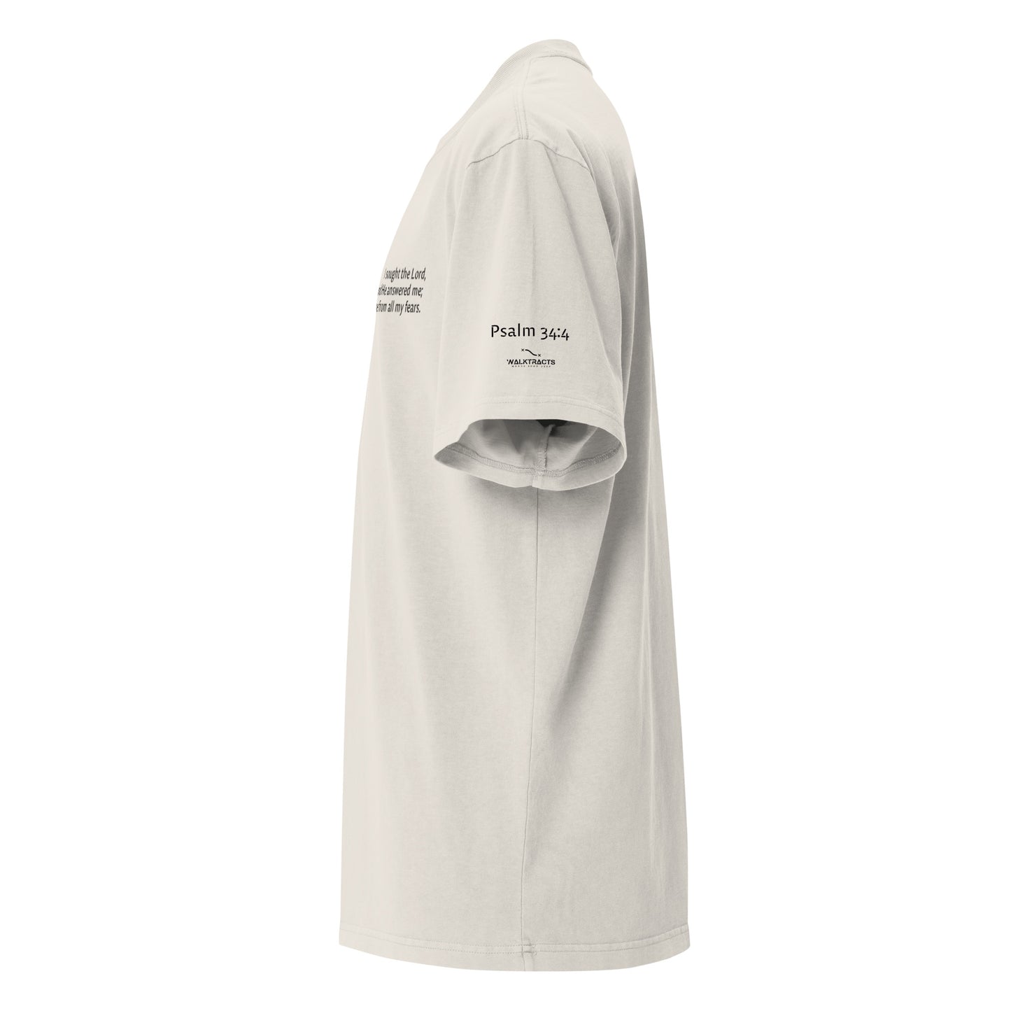 White oversized Christian t-shirt with Psalm 34:4 printed on front and verse reference on left sleeve