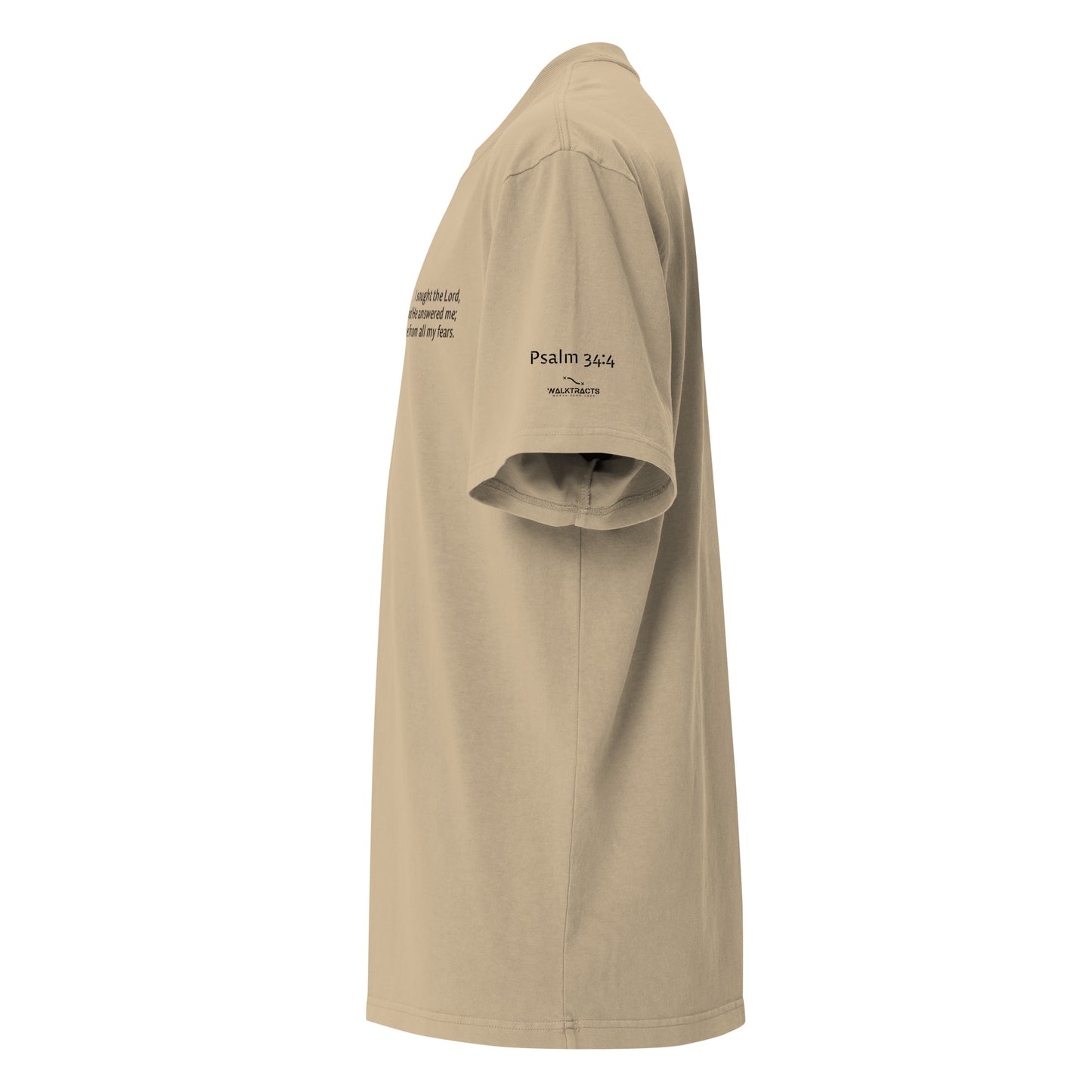 Brown oversized Christian t-shirt with Psalm 34:4 printed on front and verse reference on left sleeve