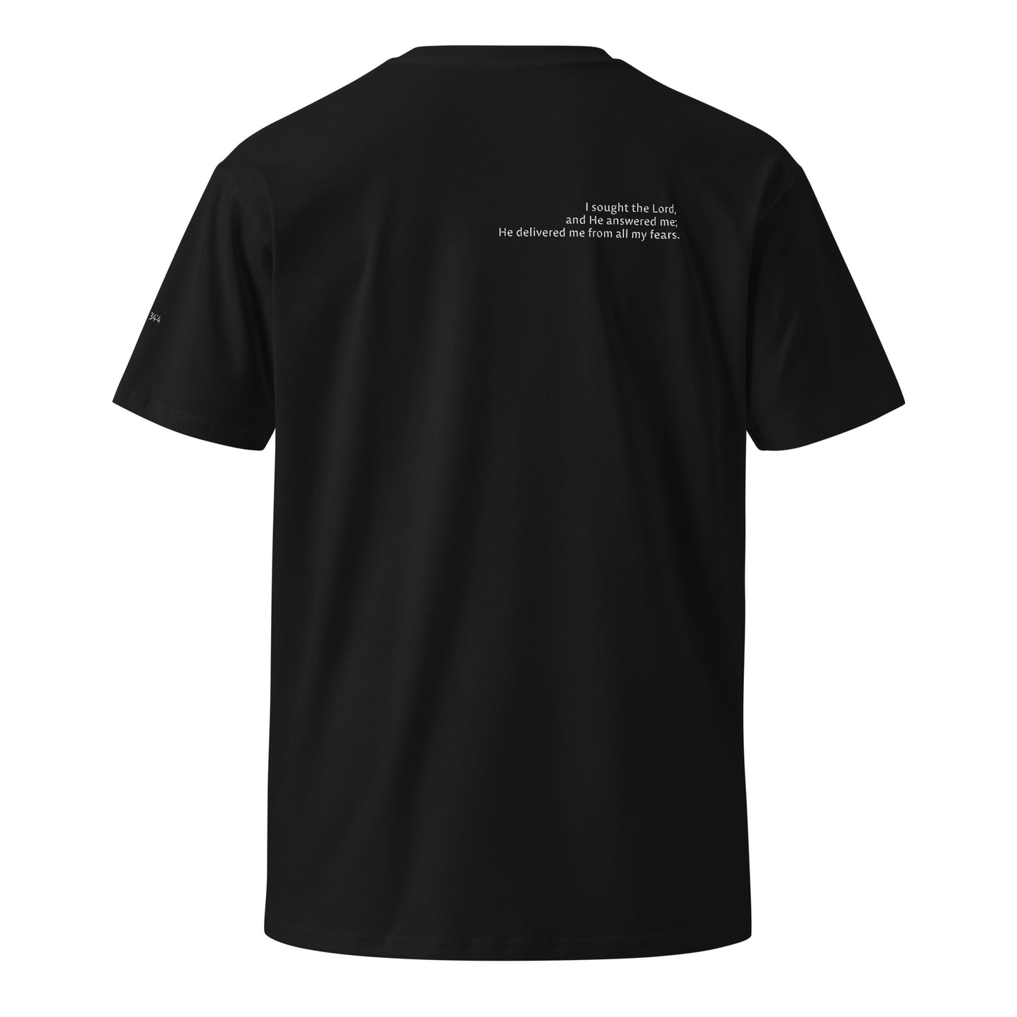 Black Christian t-shirt with Psalm 34:4 printed on front and back, verse reference on left sleeve