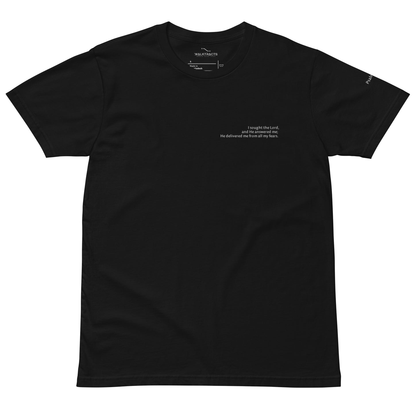 Black Christian t-shirt with Psalm 34:4 printed on front and back, verse reference on left sleeve