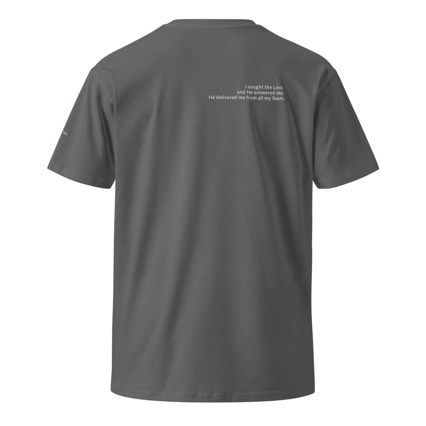 Gray Christian t-shirt with Psalm 34:4 printed on front and back, verse reference on left sleeve