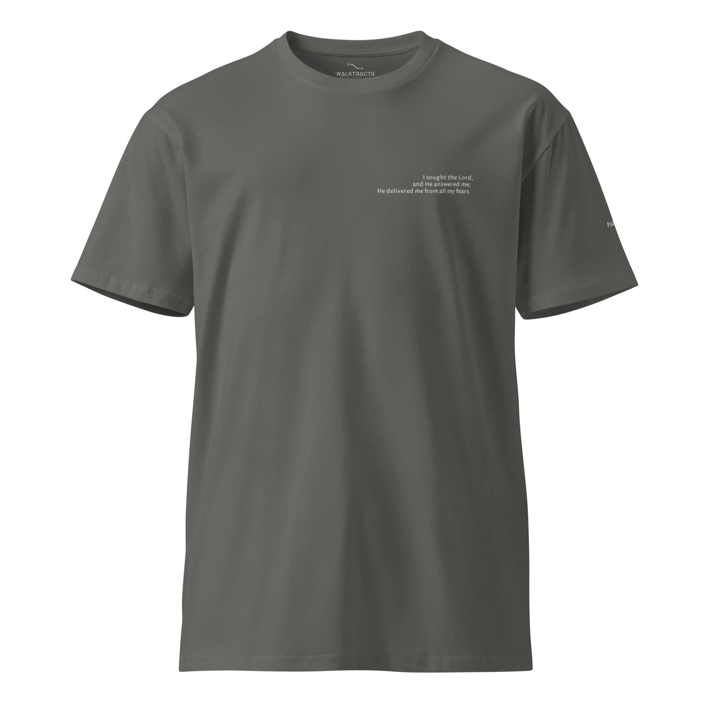 Gray Christian t-shirt with Psalm 34:4 printed on front and back, verse reference on left sleeve