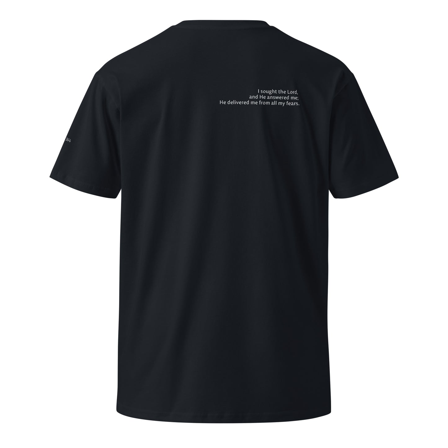Blue Christian t-shirt with Psalm 34:4 printed on front and back, verse reference on left sleeve
