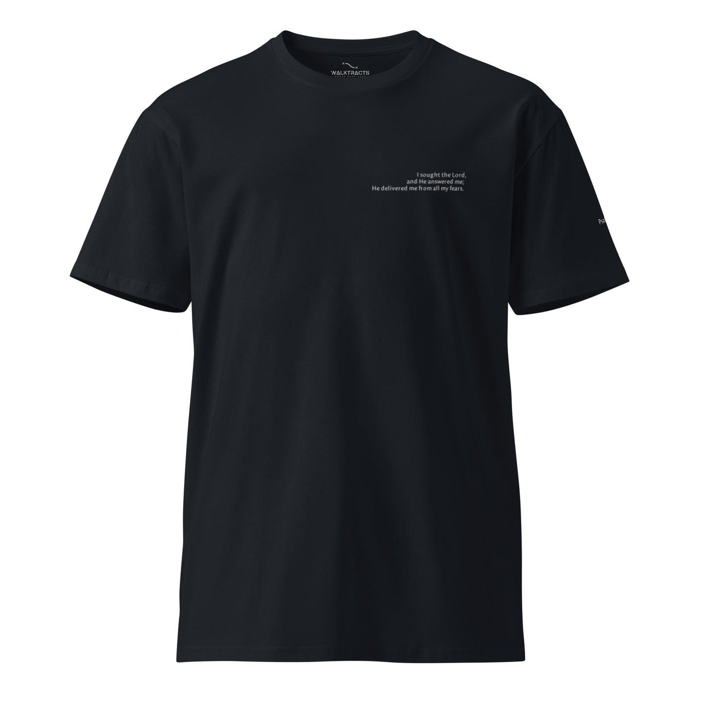 Blue Christian t-shirt with Psalm 34:4 printed on front and back, verse reference on left sleeve