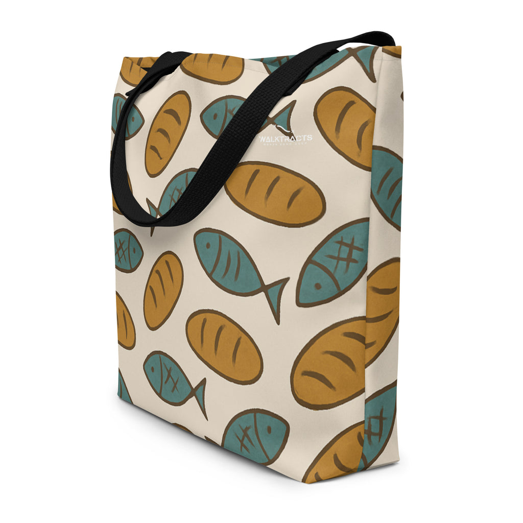 Christian tote bag inspired by John 6 – Jesus feeds 5,000 with five loaves and two fish.
