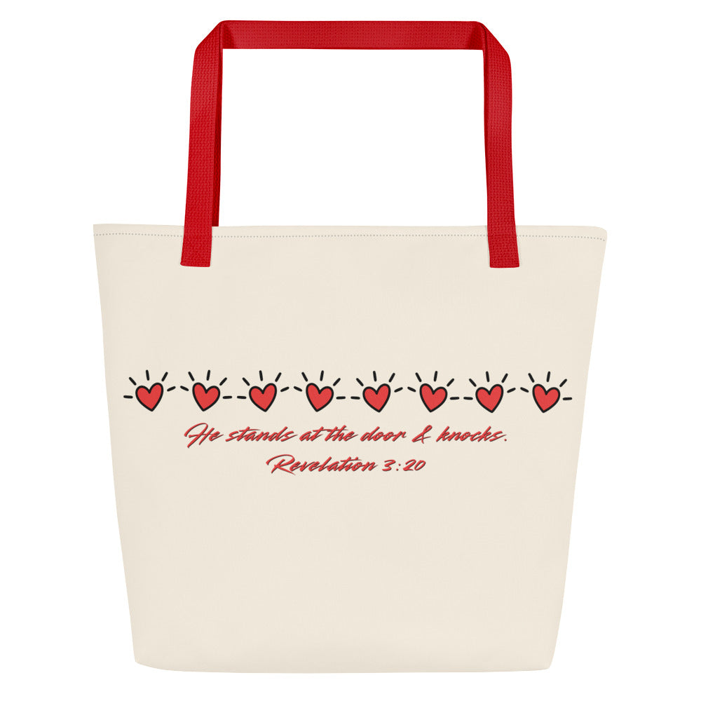 True Love Awaits Revelation 3:20 Tote Back Red Handle Strap