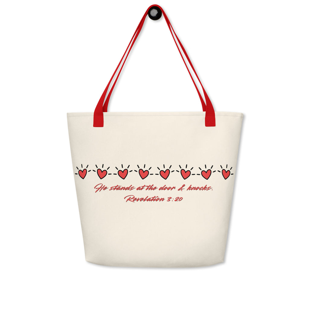True Love Awaits Revelation 3:20 Tote Back Red Handle Strap