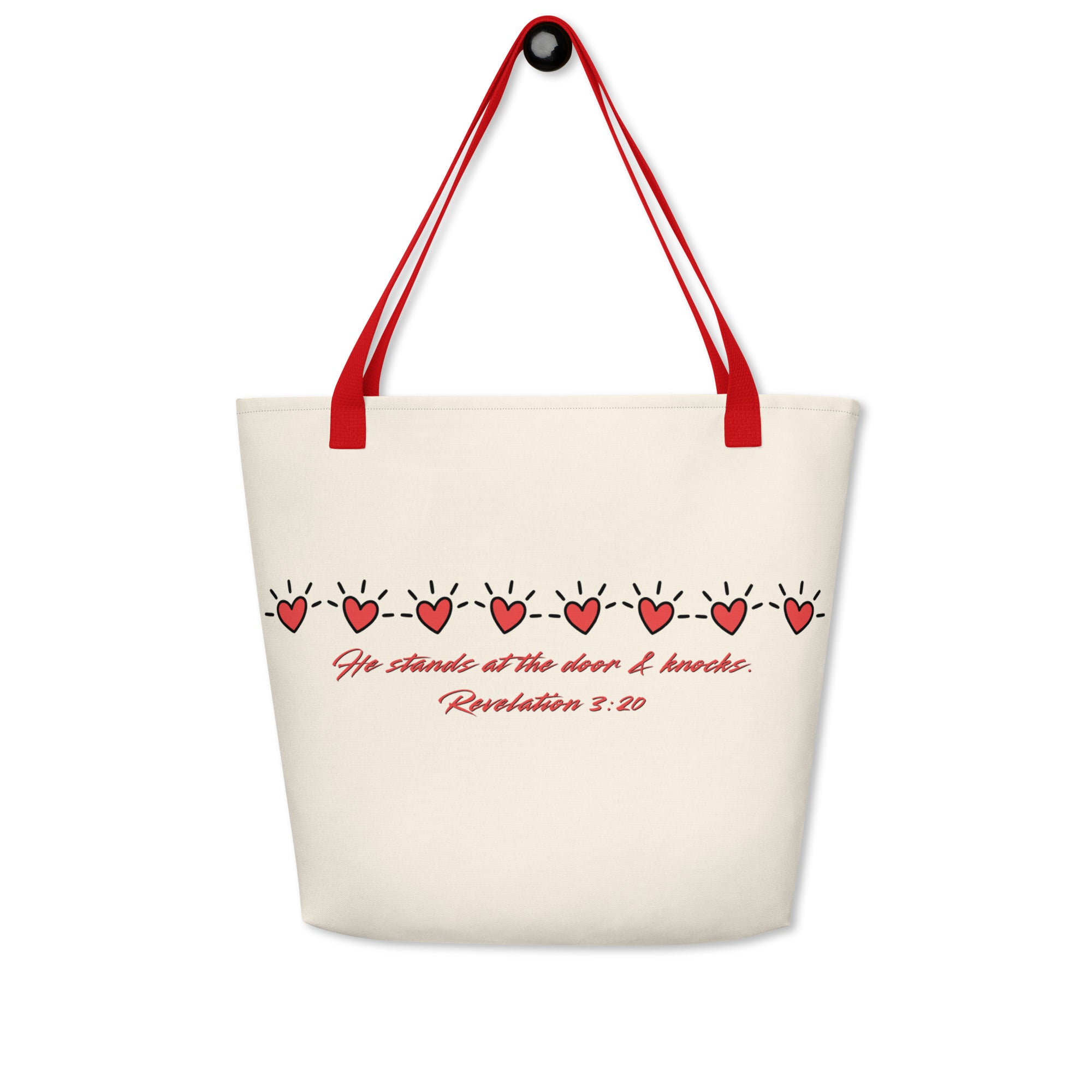 True Love Awaits Revelation 3:20 Tote Back Red Handle Strap