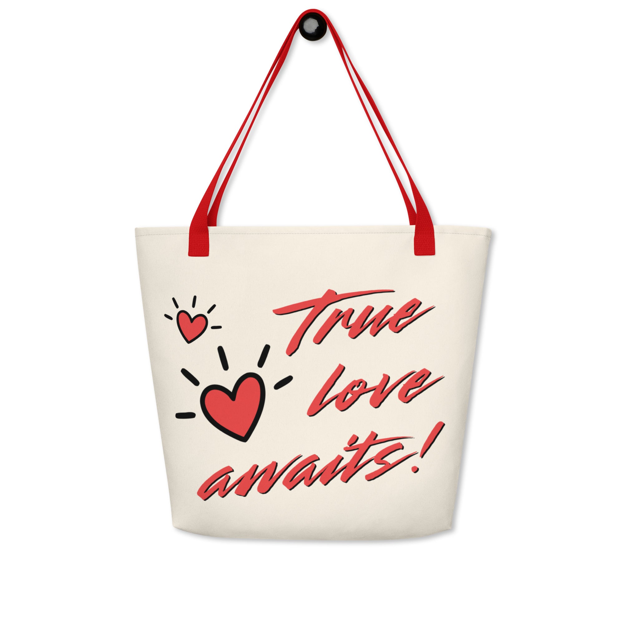 True Love Awaits Revelation 3:20 Tote Front Red Handle Strap