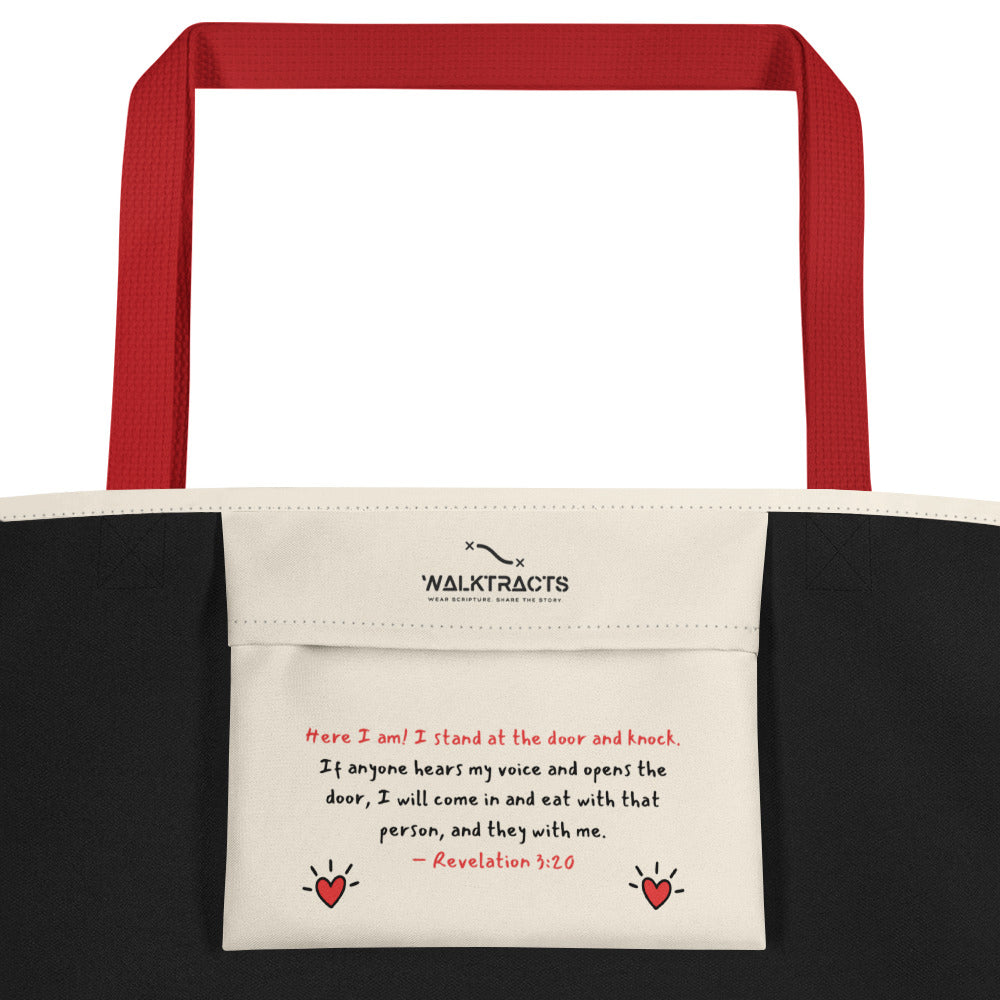 True Love Awaits Revelation 3:20 Tote Inside Pocket Red Handle Strap