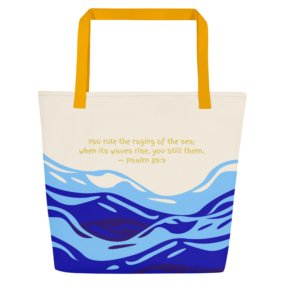 God Rules the Raging Sea Psalm 89:9 Tote Yellow Handle
