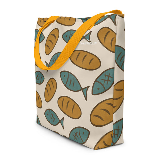 Christian tote bag inspired by John 6 – Jesus feeds 5,000 with five loaves and two fish.
