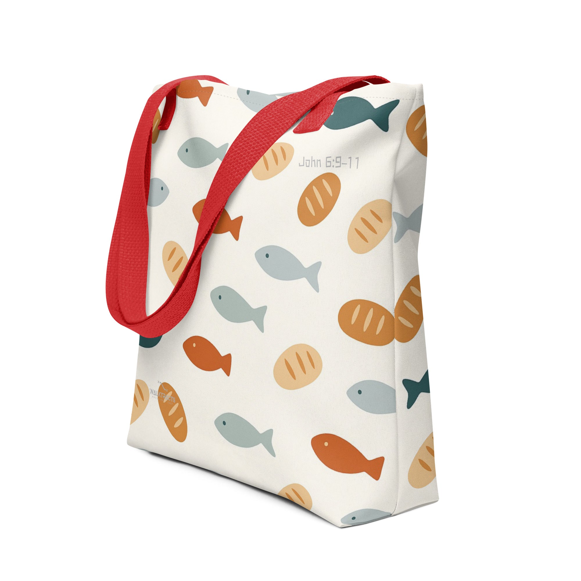 Christian tote bag inspired by John 6 – Jesus feeds 5,000 with five loaves and two fish.