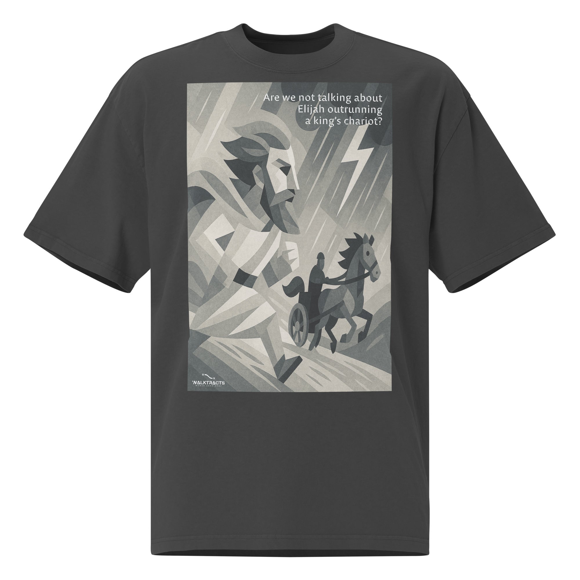 Gray oversized Christian t-shirt inspired by Elijah outrunning the king’s chariot (1 Kings 18:46), with bold graphic design