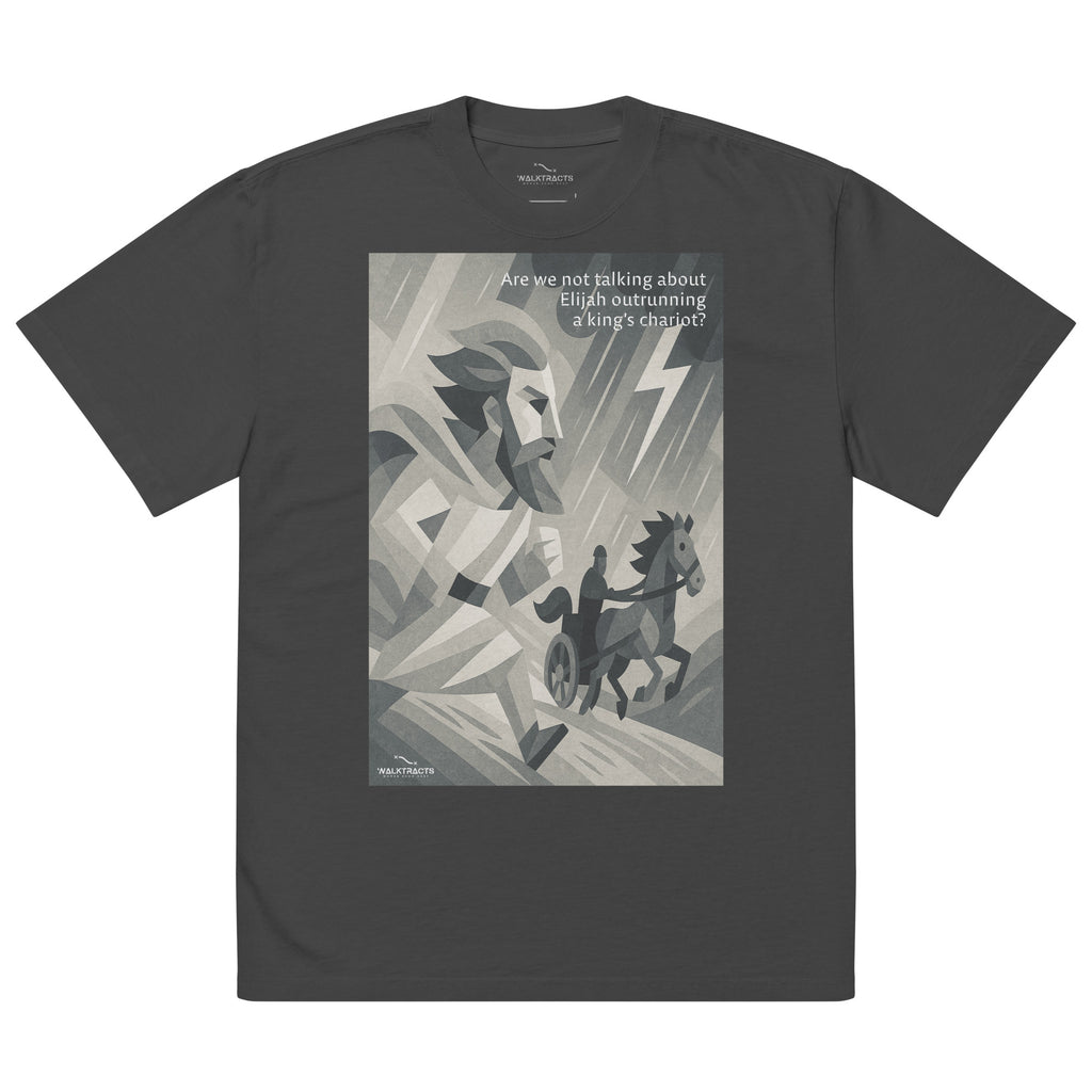 Gray oversized Christian t-shirt inspired by Elijah outrunning the king’s chariot (1 Kings 18:46), with bold graphic design