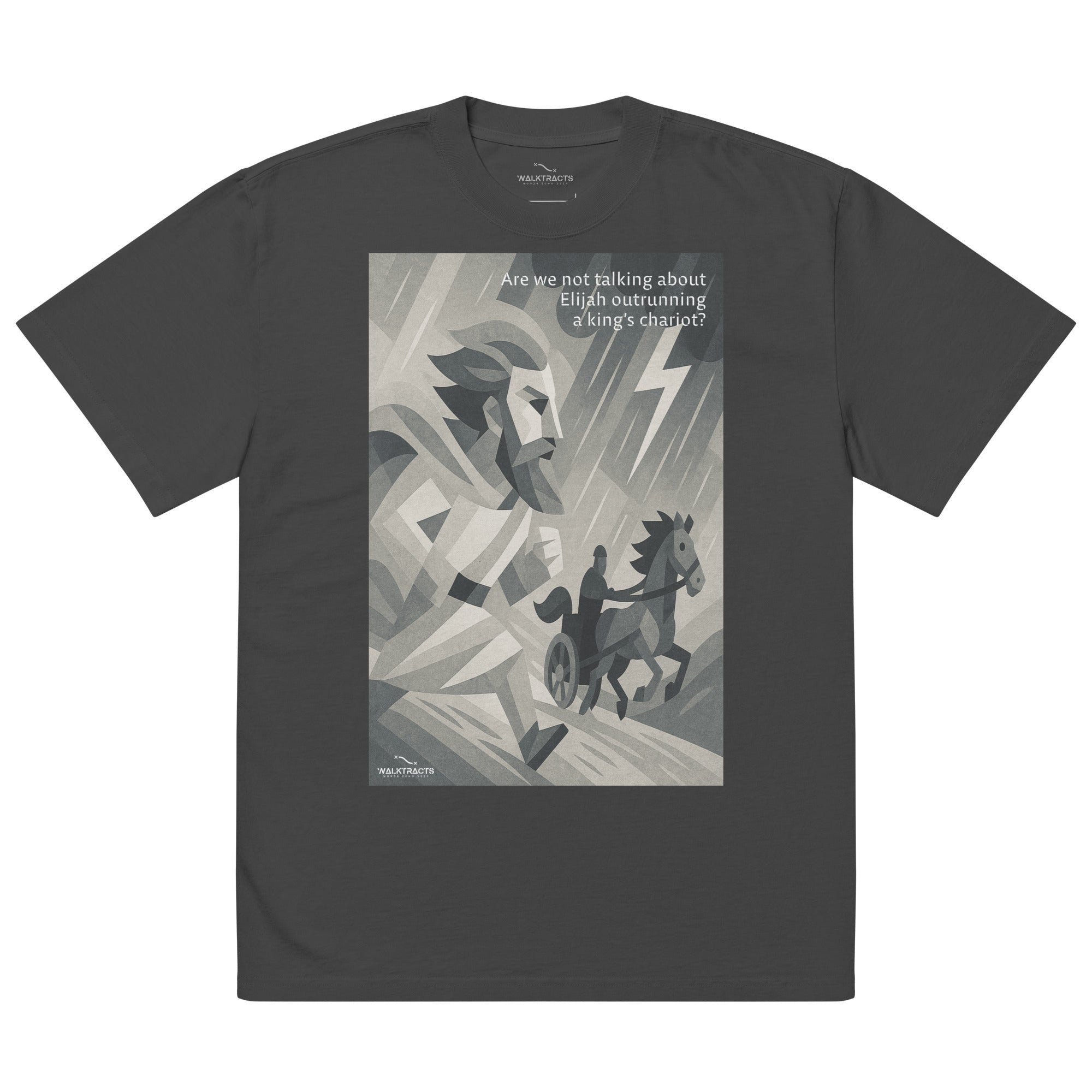 Gray oversized Christian t-shirt inspired by Elijah outrunning the king’s chariot (1 Kings 18:46), with bold graphic design