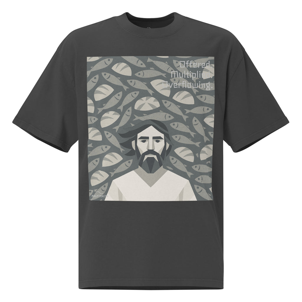 Oversized gray Christian graphic tee inspired by the 5 loaves and 2 fish story (John 6:9–11)
