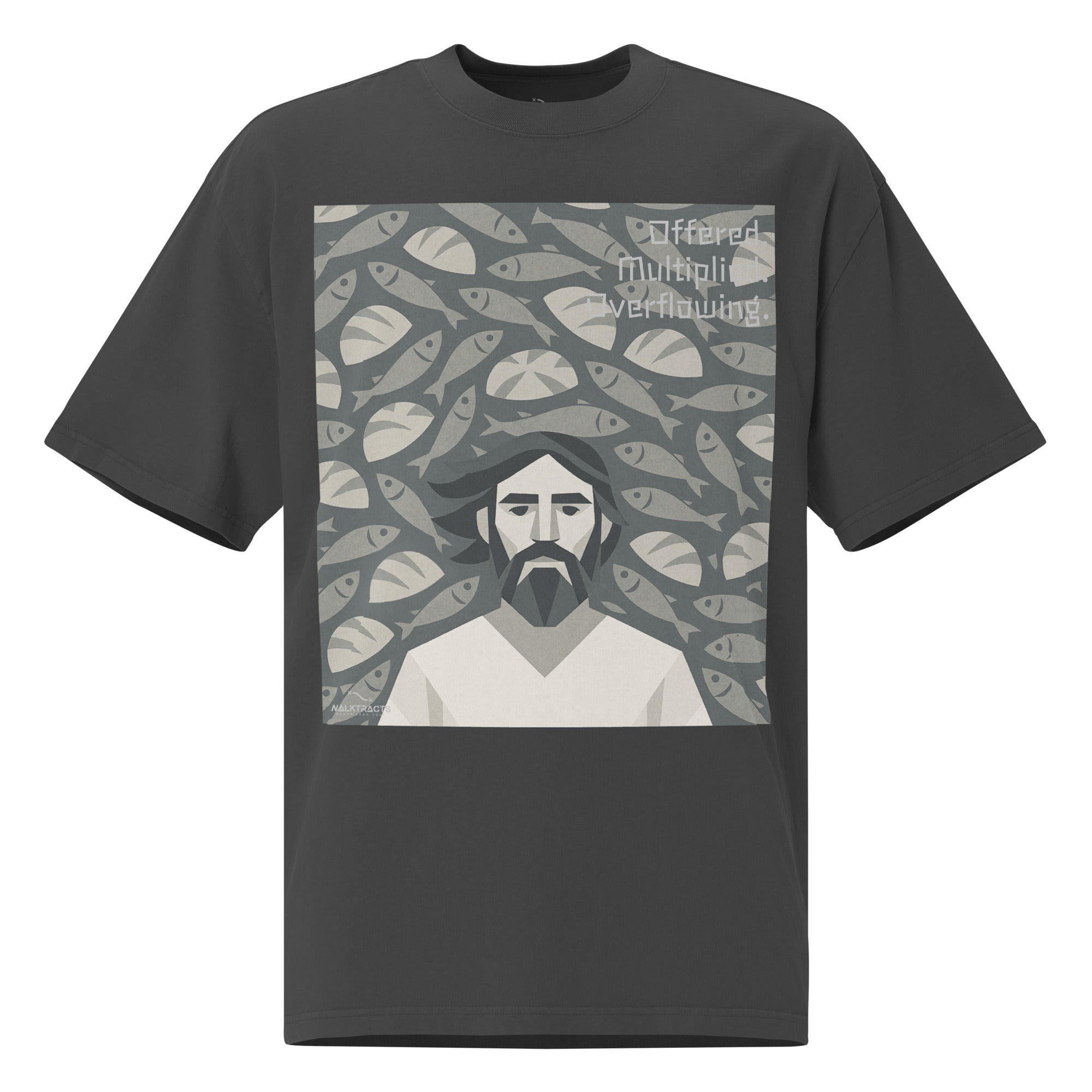 Oversized gray Christian graphic tee inspired by the 5 loaves and 2 fish story (John 6:9–11)