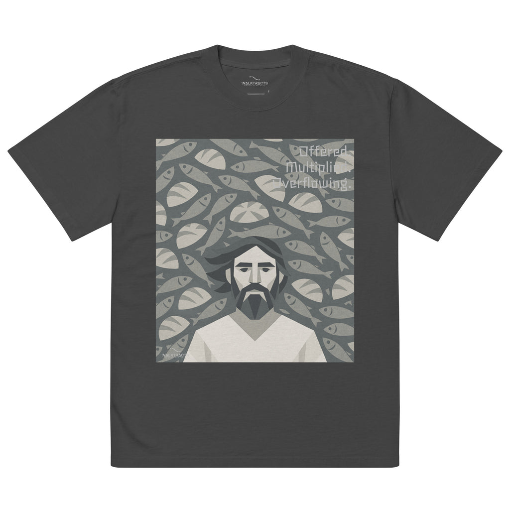 Oversized gray Christian graphic tee inspired by the 5 loaves and 2 fish story (John 6:9–11)