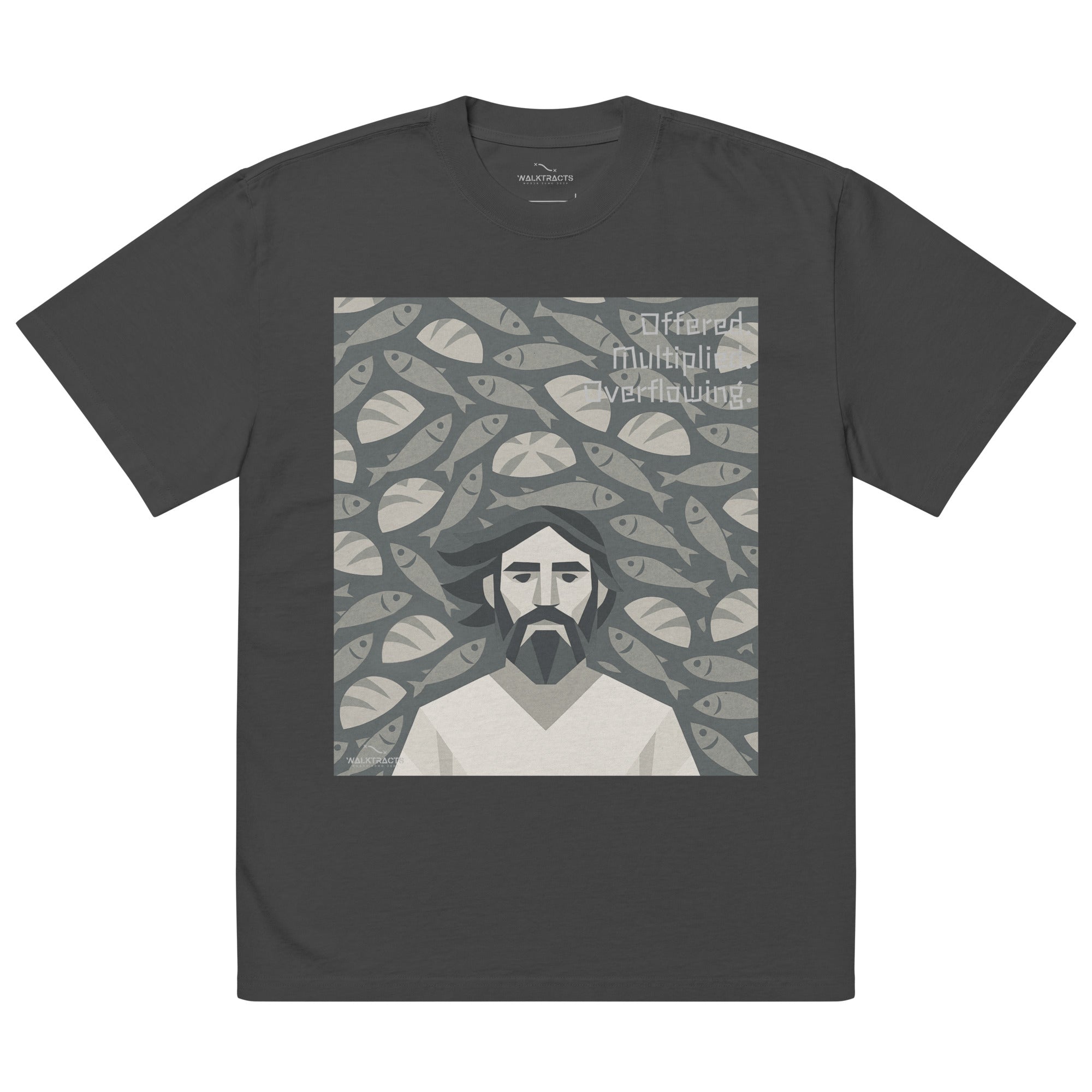Oversized gray Christian graphic tee inspired by the 5 loaves and 2 fish story (John 6:9–11)