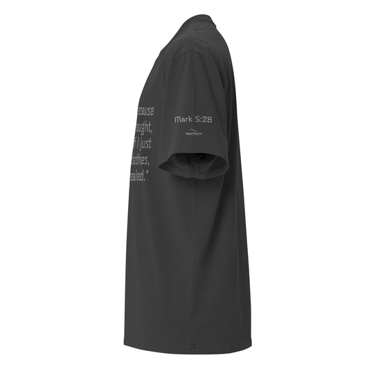 Gray oversized Christian t-shirt with Mark 5:28  printed on front and verse reference on left sleeve