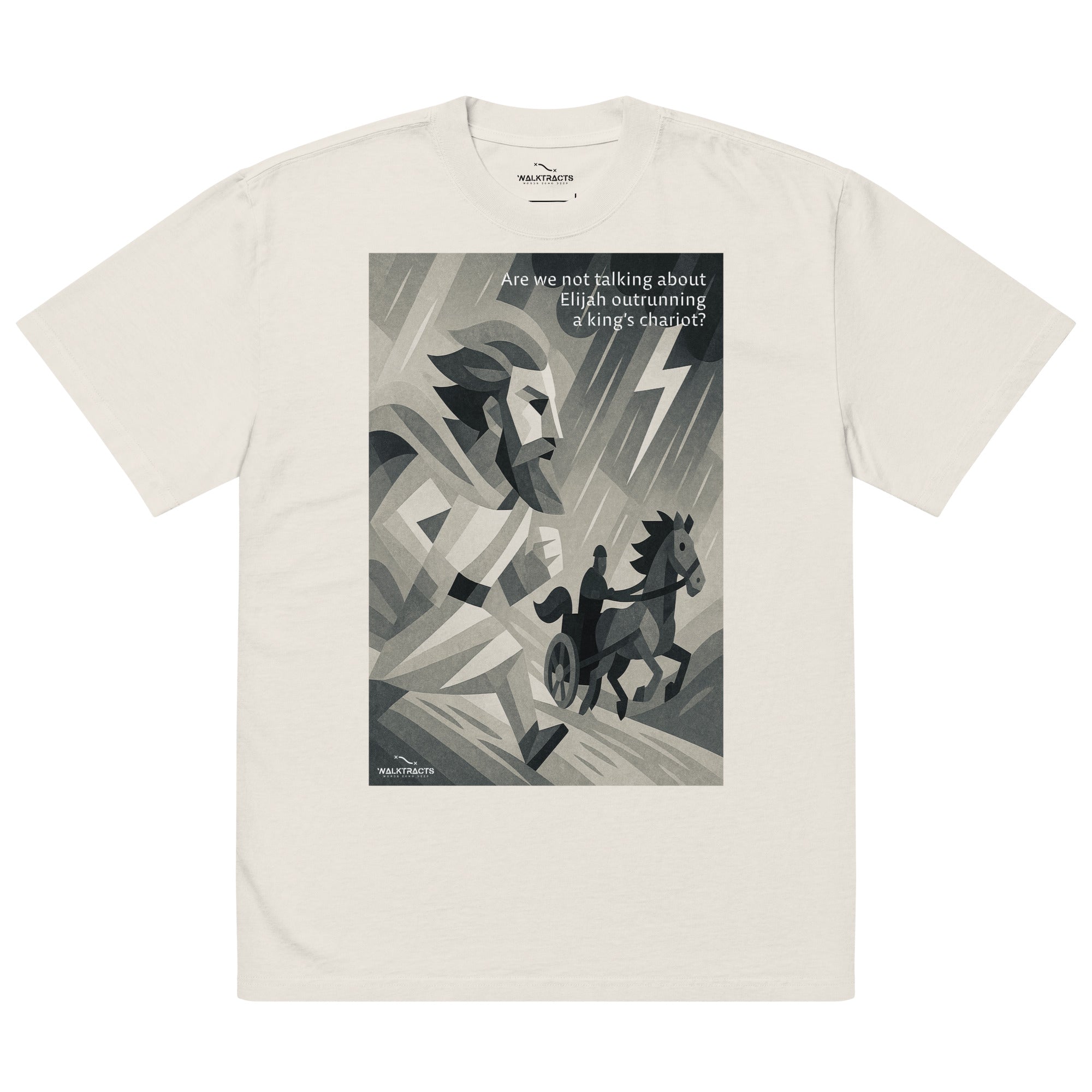 White oversized Christian t-shirt inspired by Elijah outrunning the king’s chariot (1 Kings 18:46), with bold graphic design