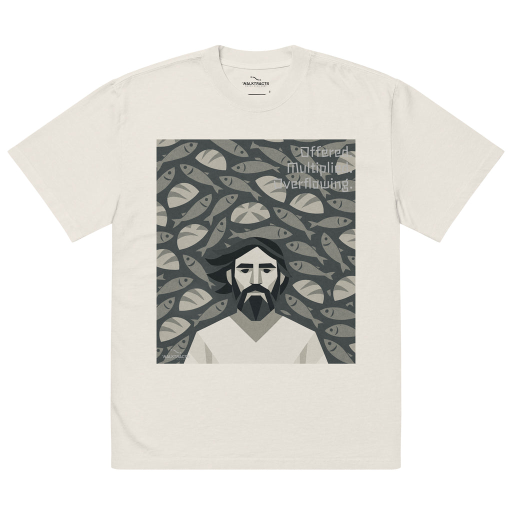 Oversized white Christian graphic tee inspired by the 5 loaves and 2 fish story (John 6:9–11)