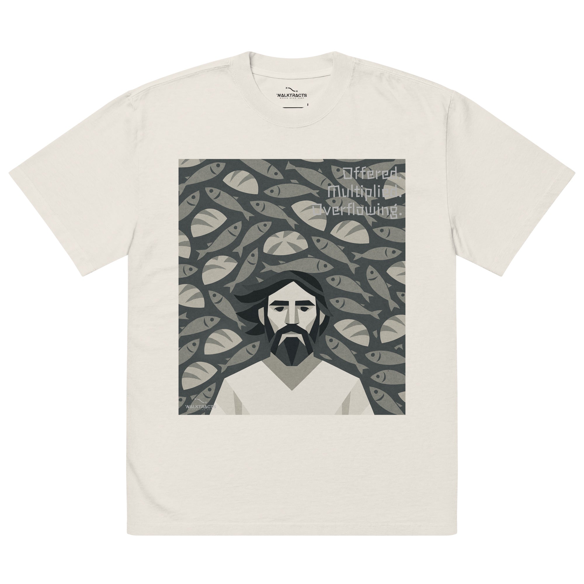 Oversized white Christian graphic tee inspired by the 5 loaves and 2 fish story (John 6:9–11)