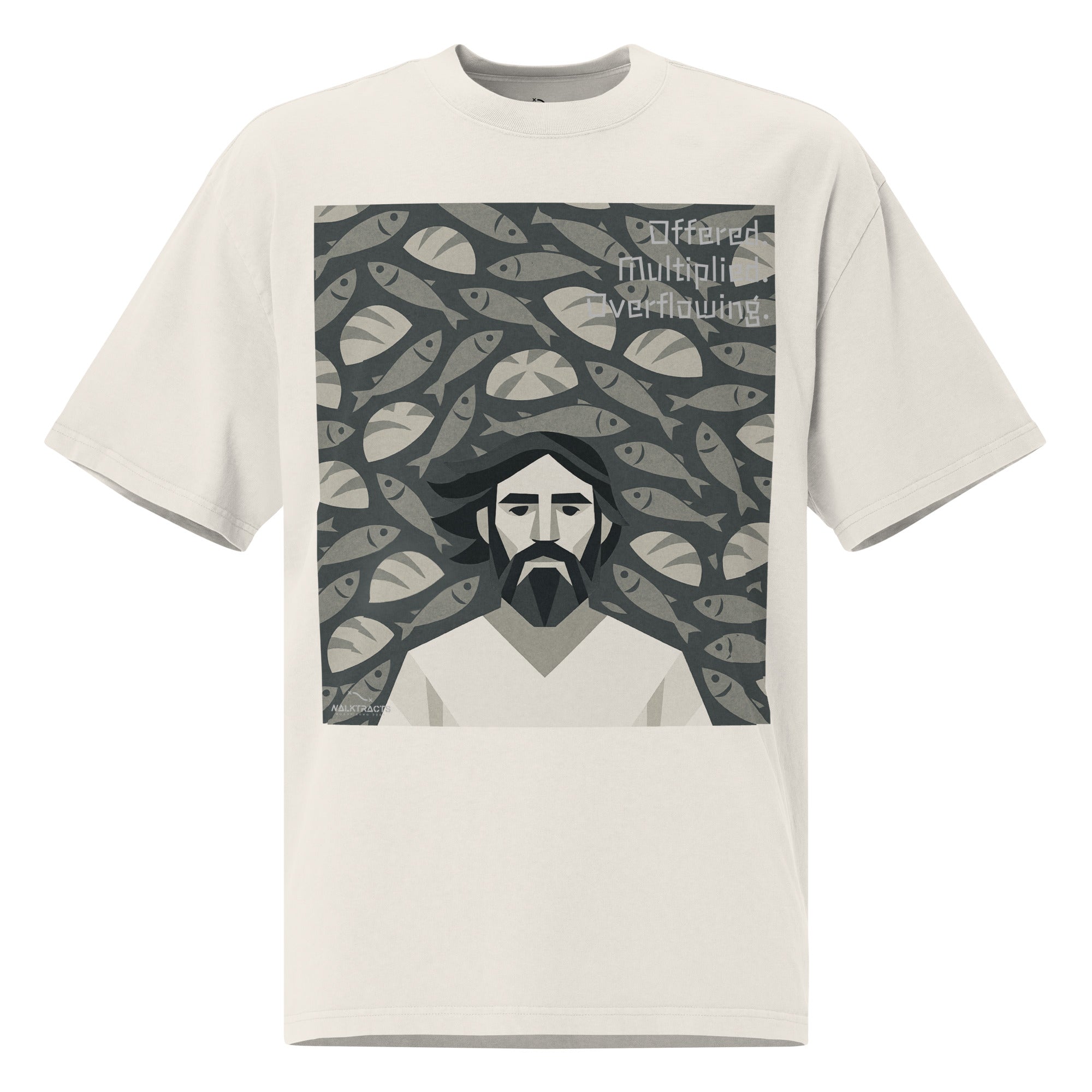Oversized white Christian graphic tee inspired by the 5 loaves and 2 fish story (John 6:9–11)
