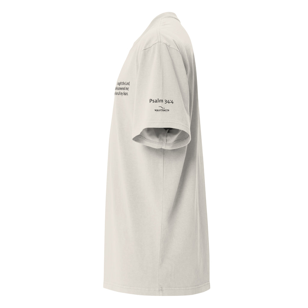 White oversized Christian t-shirt with Psalm 34:4 printed on front and verse reference on left sleeve