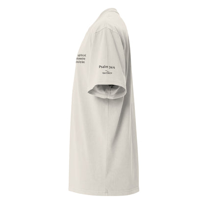 White oversized Christian t-shirt with Psalm 34:4 printed on front and verse reference on left sleeve