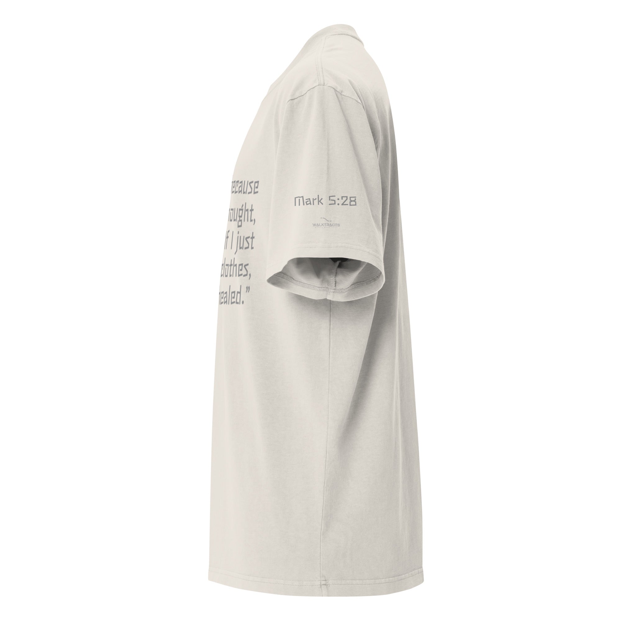 White oversized Christian t-shirt with Mark 5:28  printed on front and verse reference on left sleeve