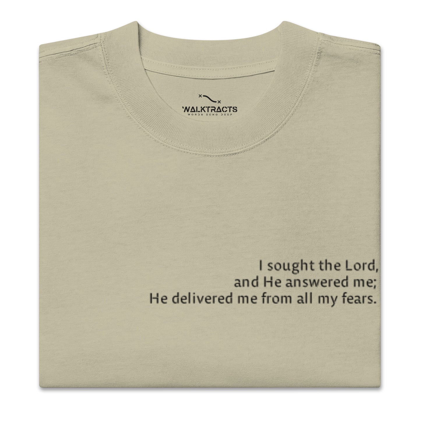 Green oversized Christian t-shirt with Psalm 34:4 printed on front and verse reference on left sleeve