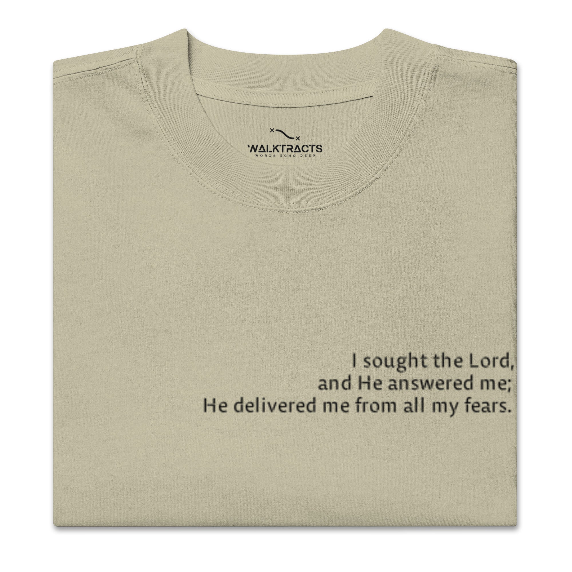 Green oversized Christian t-shirt with Psalm 34:4 printed on front and verse reference on left sleeve