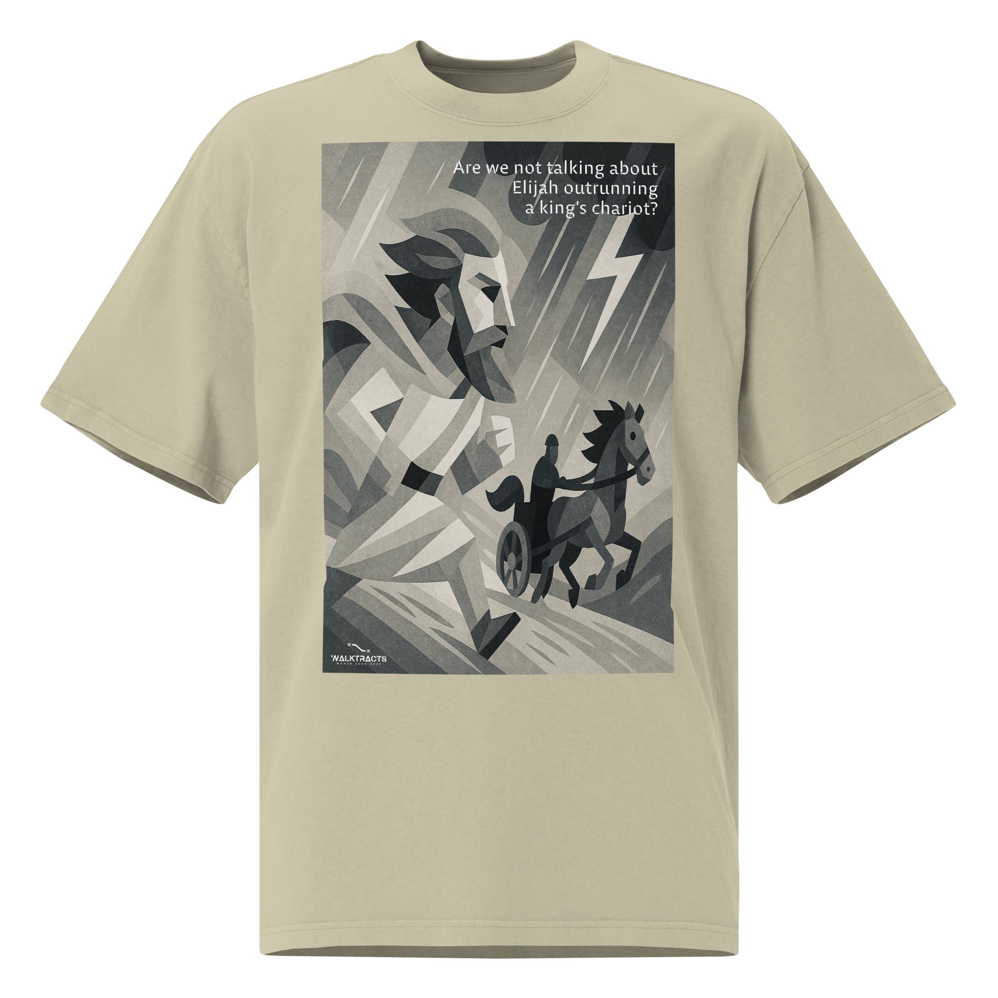 Green oversized Christian t-shirt inspired by Elijah outrunning the king’s chariot (1 Kings 18:46), with bold graphic design