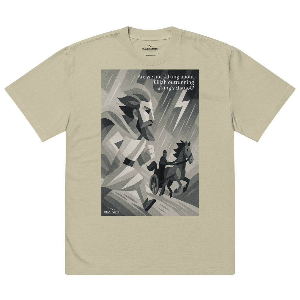 Green oversized Christian t-shirt inspired by Elijah outrunning the king’s chariot (1 Kings 18:46), with bold graphic design