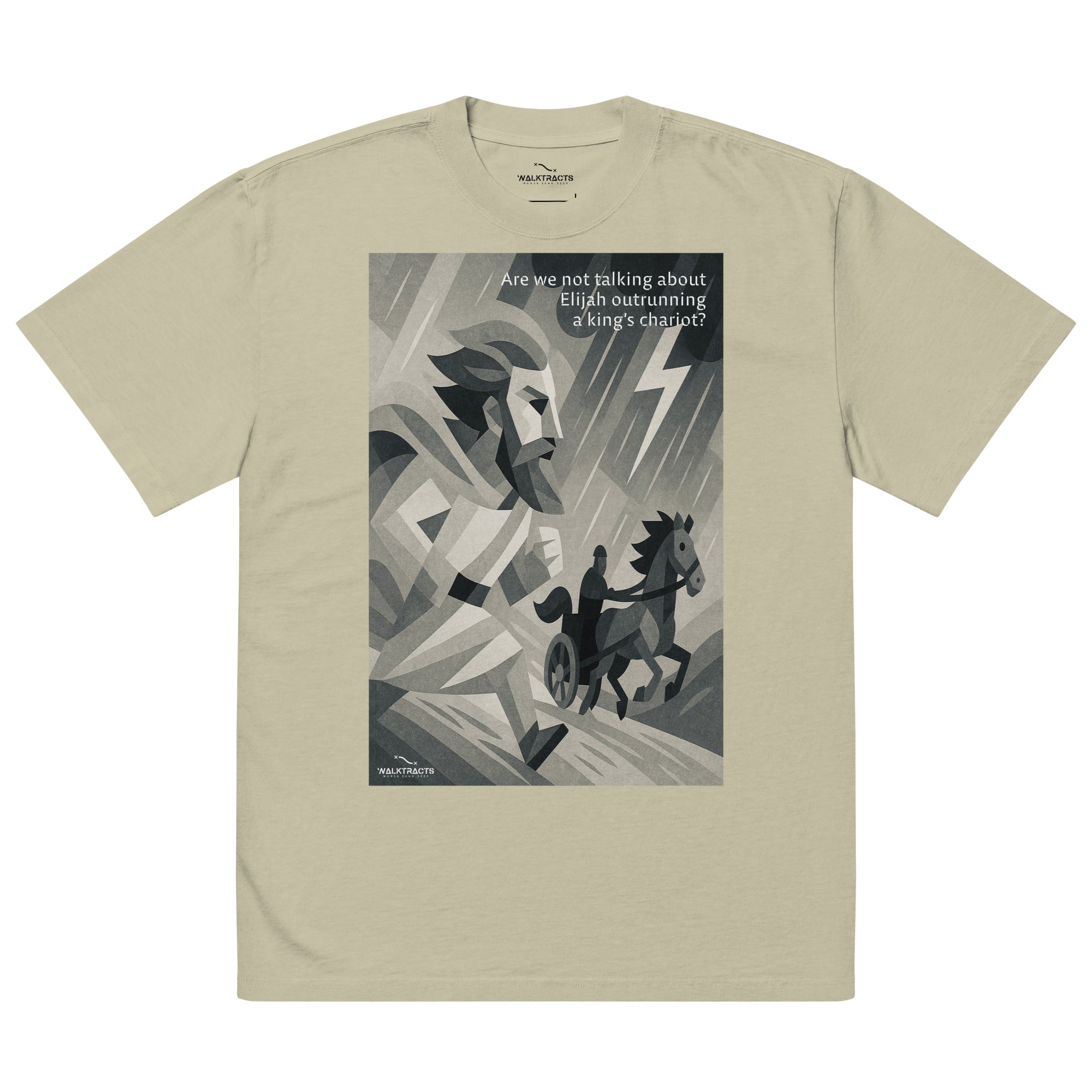 Green oversized Christian t-shirt inspired by Elijah outrunning the king’s chariot (1 Kings 18:46), with bold graphic design