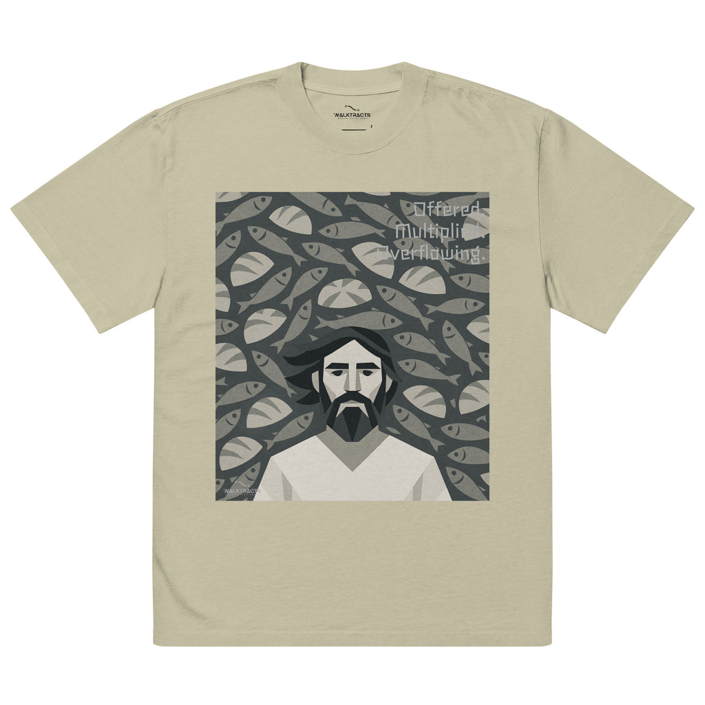 Oversized green Christian graphic tee inspired by the 5 loaves and 2 fish story (John 6:9–11)