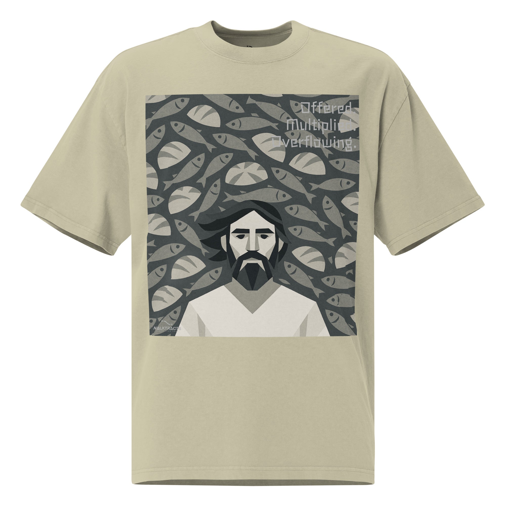 Oversized green Christian graphic tee inspired by the 5 loaves and 2 fish story (John 6:9–11)