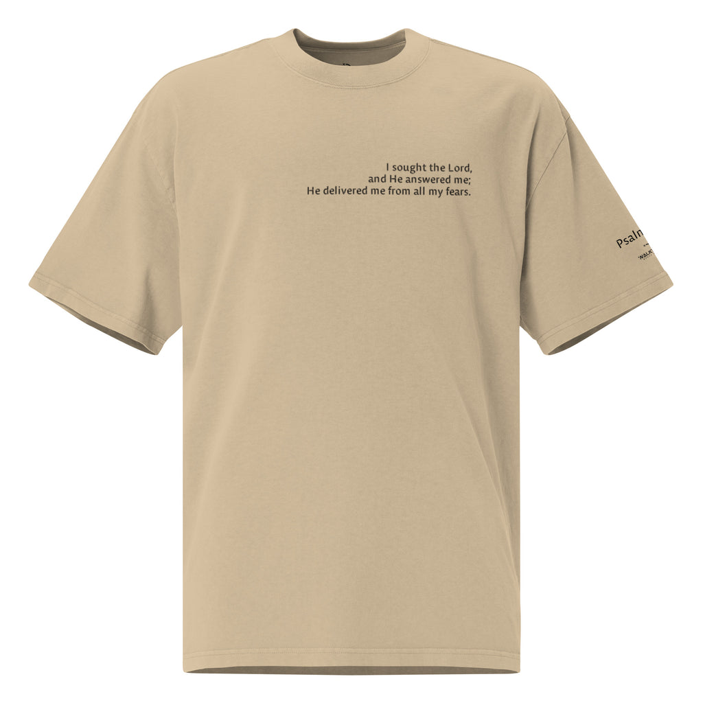 Brown oversized Christian t-shirt with Psalm 34:4 printed on front and verse reference on left sleeve
