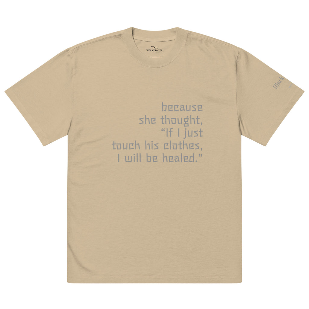 Brown oversized Christian t-shirt with Mark 5:28  printed on front and verse reference on left sleeve