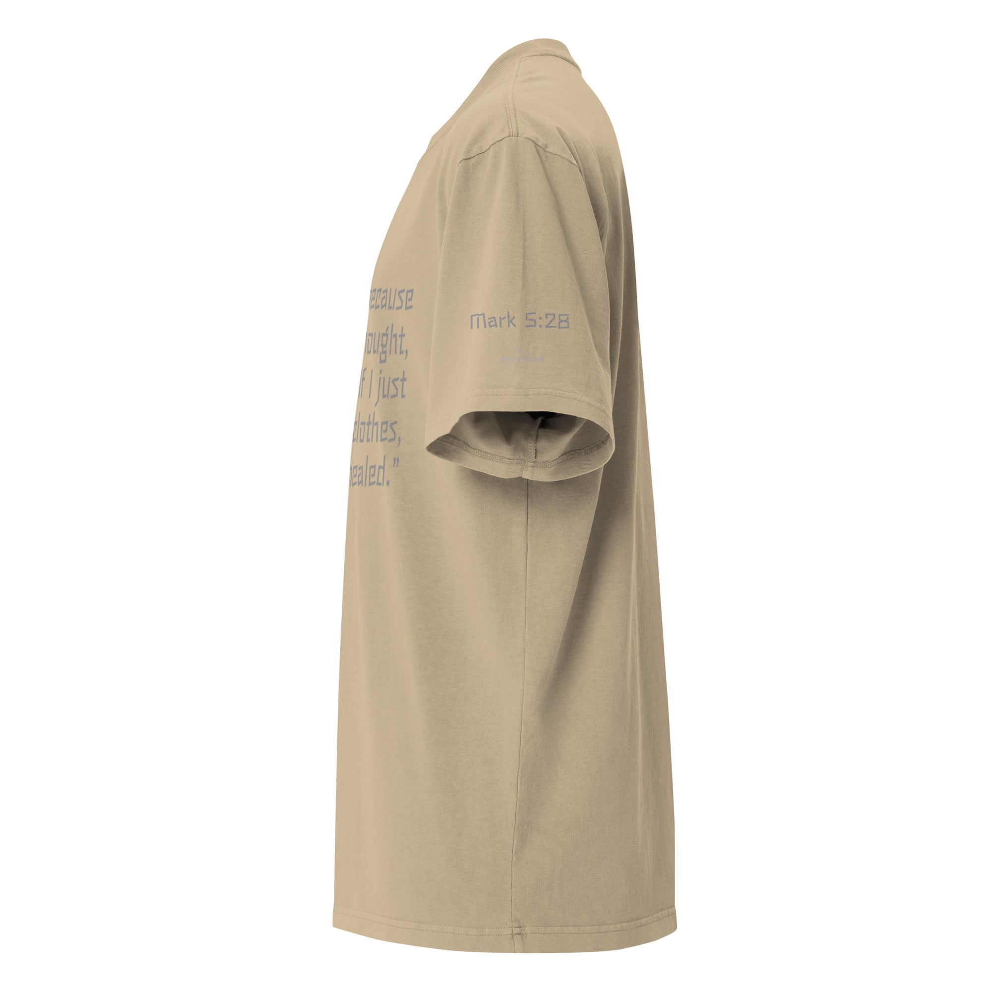 Brown oversized Christian t-shirt with Mark 5:28  printed on front and verse reference on left sleeve