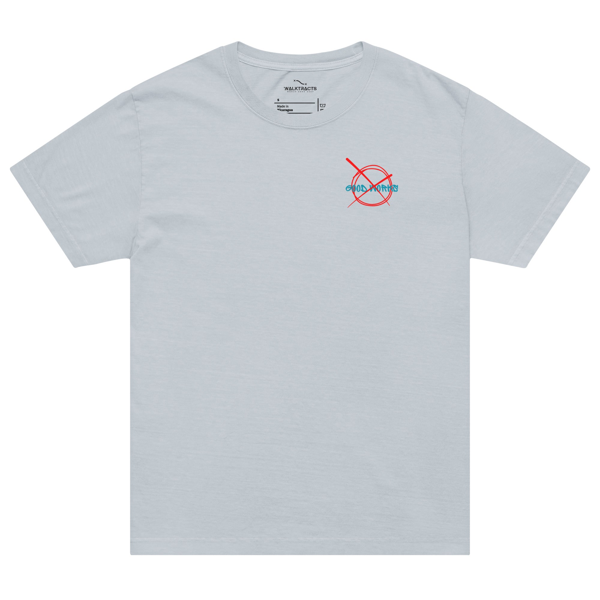 Ephesians 2 t-shirt By Grace Through Faith Not Good Works Unisex Light Washed Denim Front