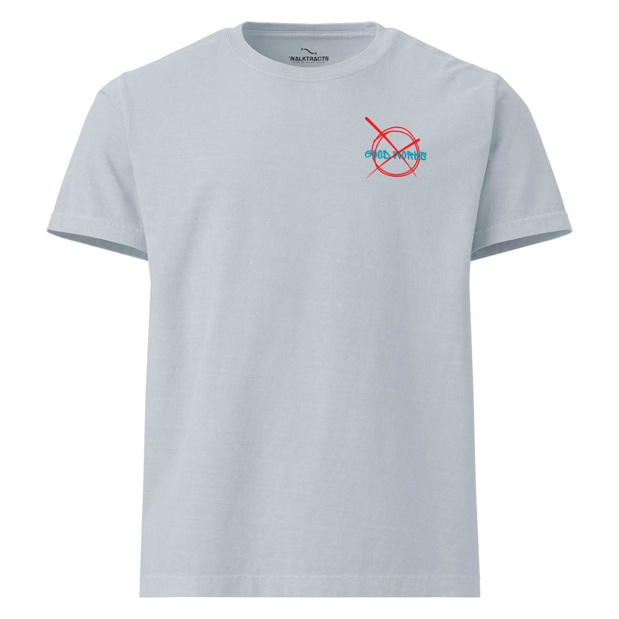 Ephesians 2 t-shirt By Grace Through Faith Not Good Works Unisex Light Washed Denim Front