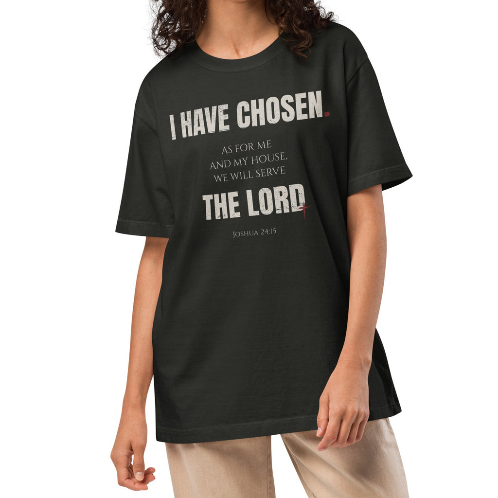 Joshua 24:15 T-shirt Black on Female Model | As for me and my house, we will serve the Lord