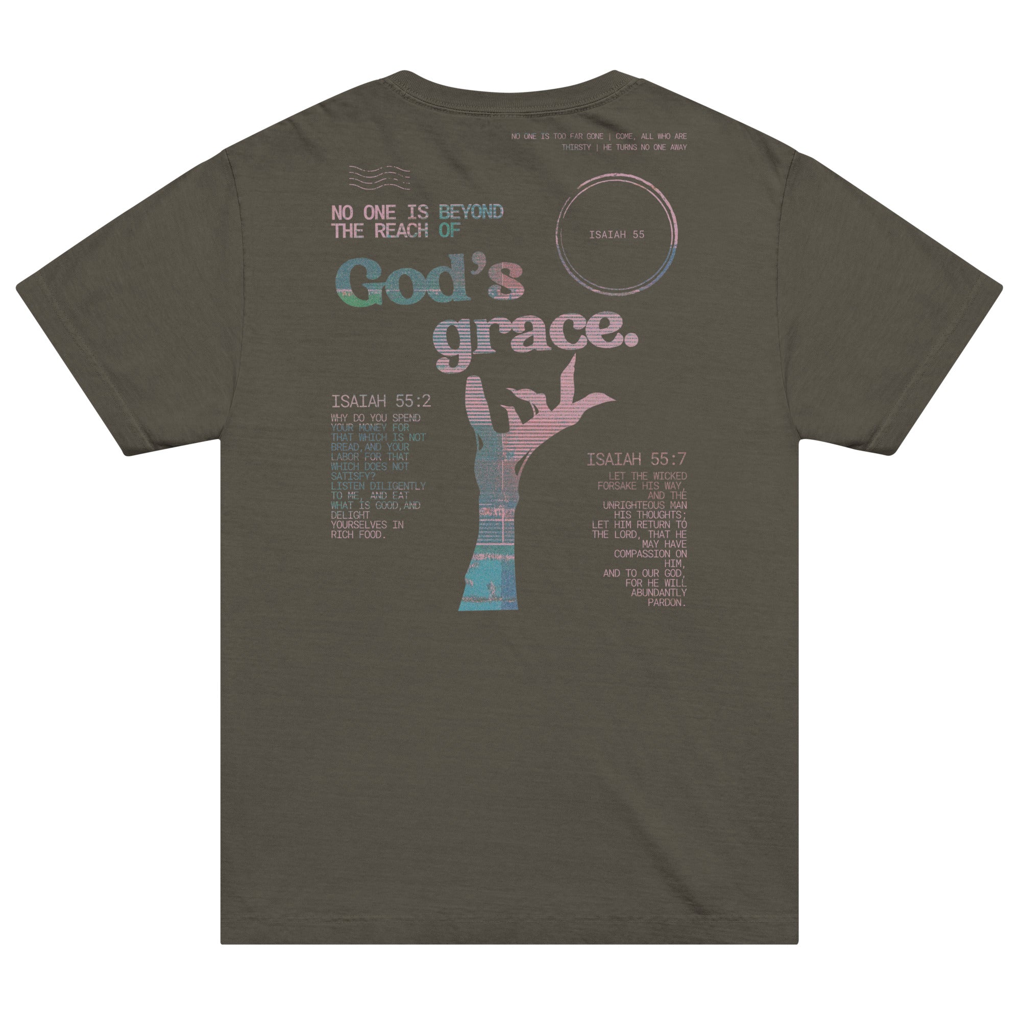 No One is Beyond the Reach of God's Grace Isaiah 55 Unisex T-shirt Washed Gray Back