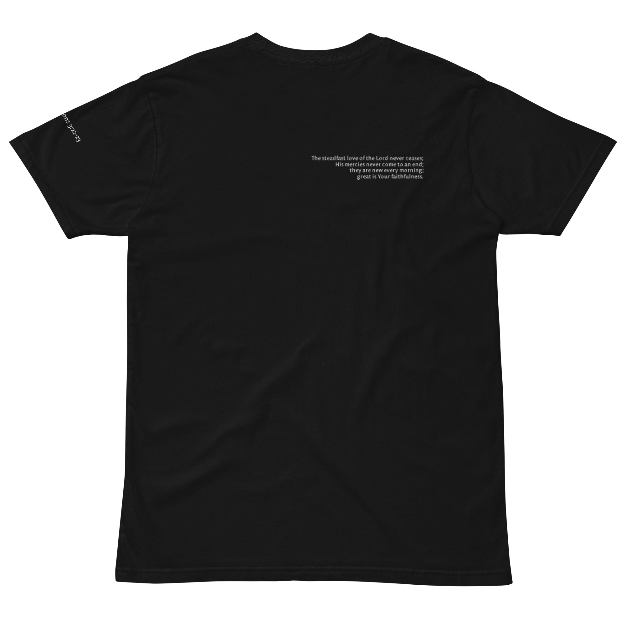 Black Christian t-shirt with Lamentations 3:22–23 printed on front and back, verse reference on left sleeve
