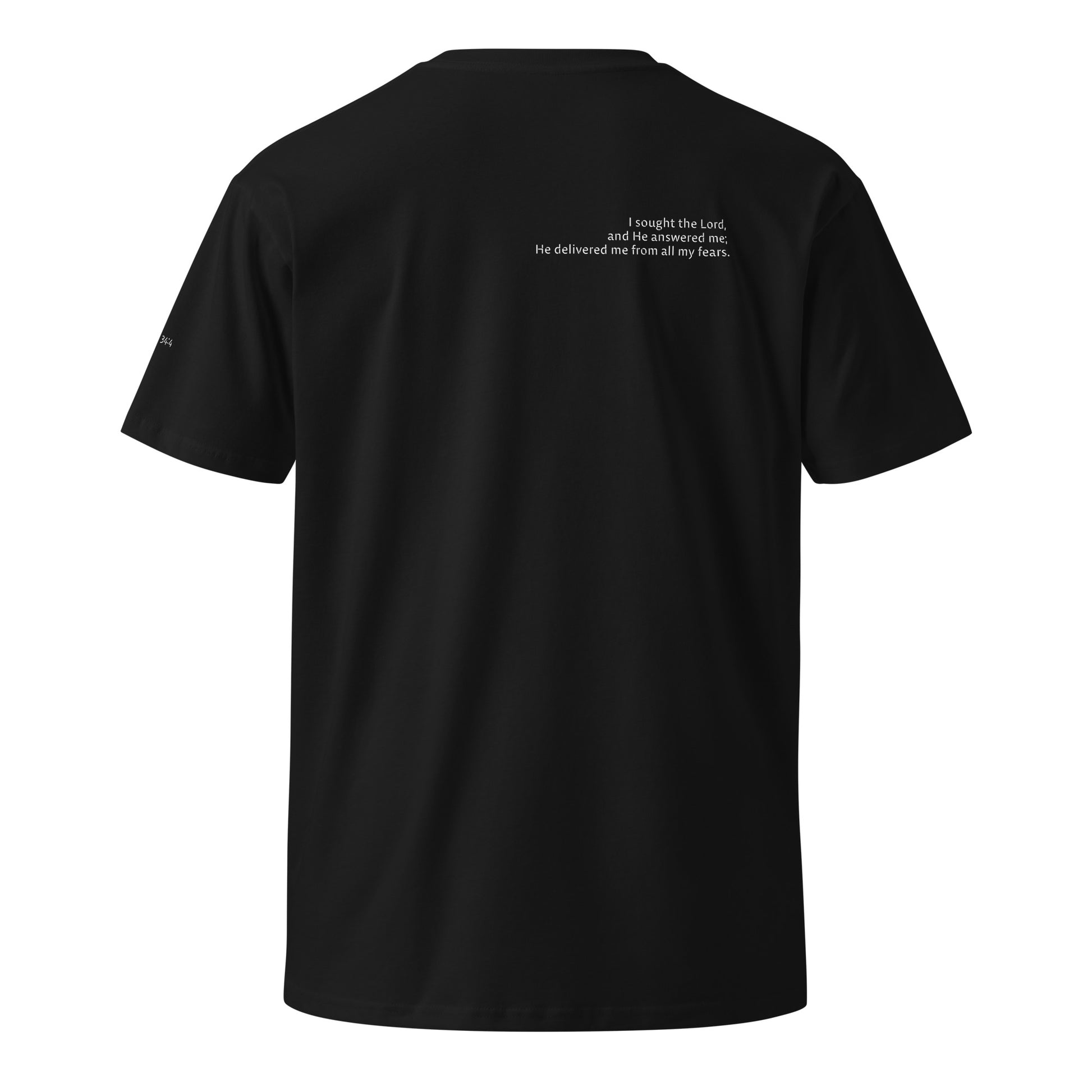 Black Christian t-shirt with Psalm 34:4 printed on front and back, verse reference on left sleeve