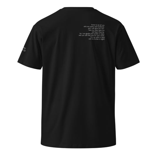 Black Christian t-shirt with “Learn from the Best” on front, full Matthew 11:28-30 Bible verse printed on the back, and verse reference on left sleeve