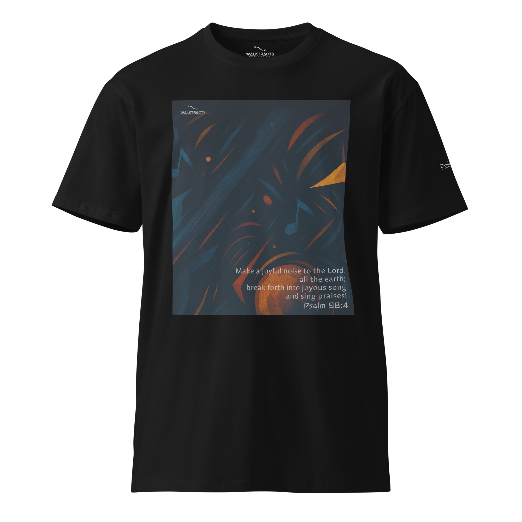 Black graphic Christian t-shirt with Bible verse Psalm 98:4